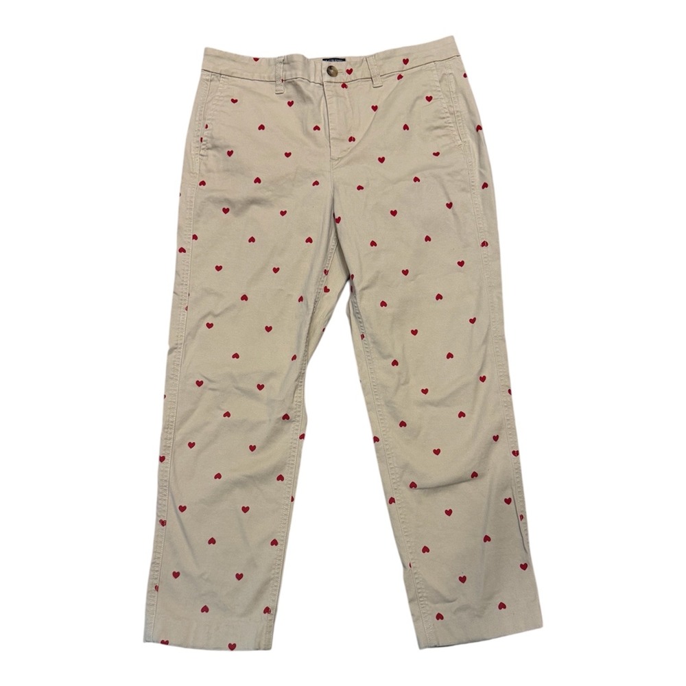 J.Crew High-Rise Girlfriend Chino‎ Khaki Tan Red Heart Embroidered Pants Size 8